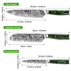 Chef Knife Set for Kitchen, 3Pcs German Carbon Stainless Steel Kitchen Knife, Professional Chefs Knife Set Ultra Sharp Chef Knife for Home, Restaurant (Green Handle)