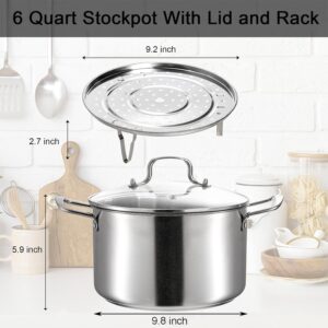 ZENFUN 6 Quart Steamer Pot, 18/10 Stainless Steel Steam Pot, Stock Pot with Glass Lid, Cooking Pot with Lid Suitable for Soups, Stews, Sauce Pot, Induction Pot, Multipots, Pasta Cooker Steamer