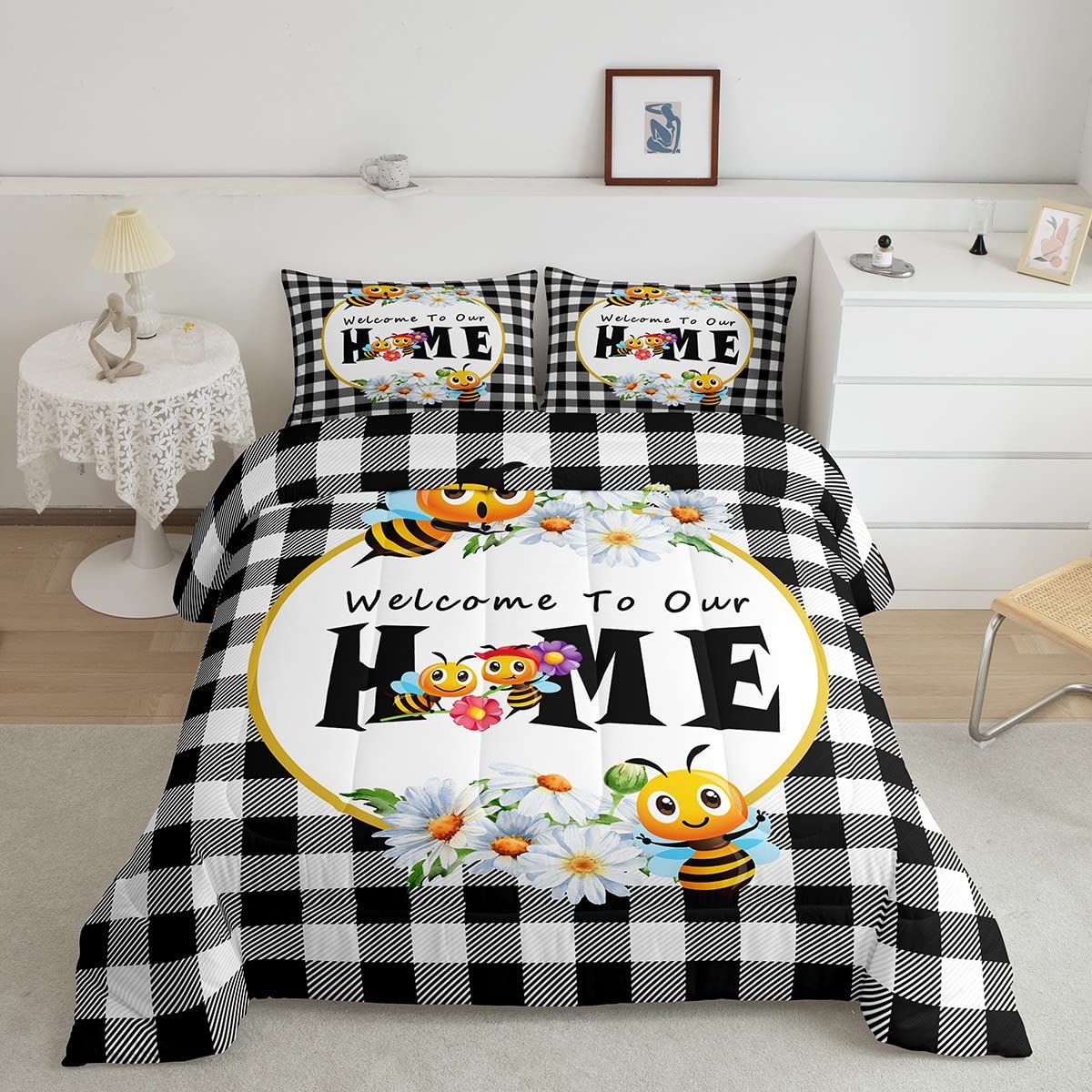 jejeloiu Cartoon Bee Comforter Set Twin Size Beehive Honeycomb Comforter Set for Boys Girls Children Black White Buffalo Check Bedding Set Room Decor Farmhouse Animals Duvet Set 2Pcs