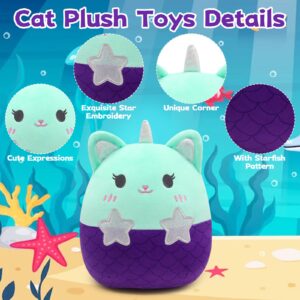 Mowatusy Cat Stuffed Animals Plush Toys, Kawaii Mermaid Plush Cat Pillow, Cute Mermaid Cat Plush Doll, Mermaid Plush Toys Purple Cat Pillow Gifts for Kids Girls Boys