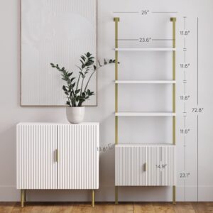 Nathan James Theo Mid-Century Modern Bookcase with Cabinet Fluted Texture, White Open Shelves and Brass Metal Frame Living Room, Home Office Storage