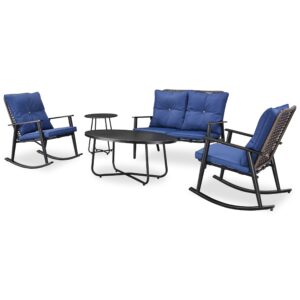 patiofestival 5 pieces patio conversation sets cushioned outdoor furniture sets all weather frame with wicker back rocking chairs and 2 metal table, blue