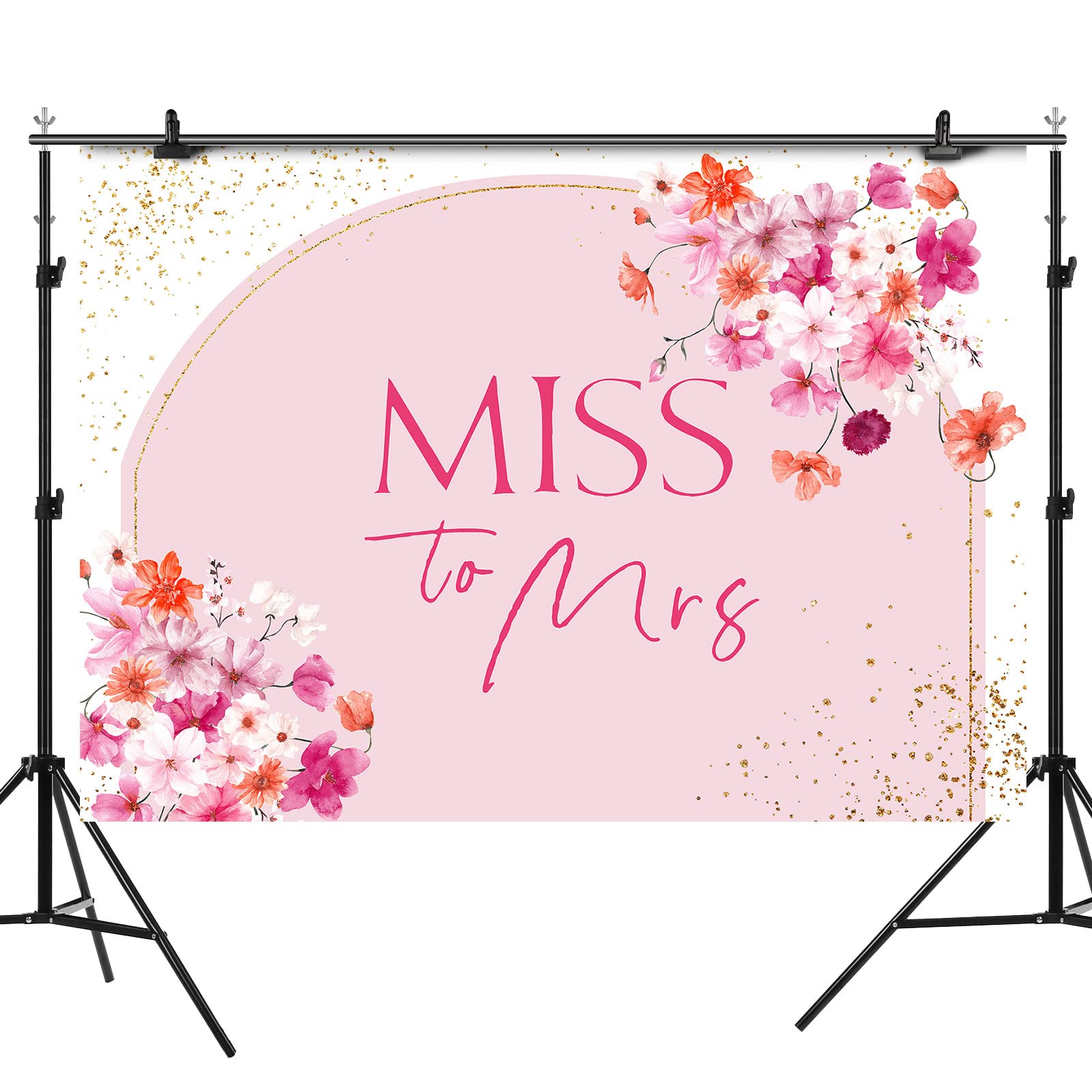 Rsuuinu Miss to Mrs Bridal Shower Backdrop Pink Flowers Golden Dots Photography Background Wedding Bride to Be Cake Table Party Decorations Banner Supplies Favors Photo Booth Studio Props 7x5ft