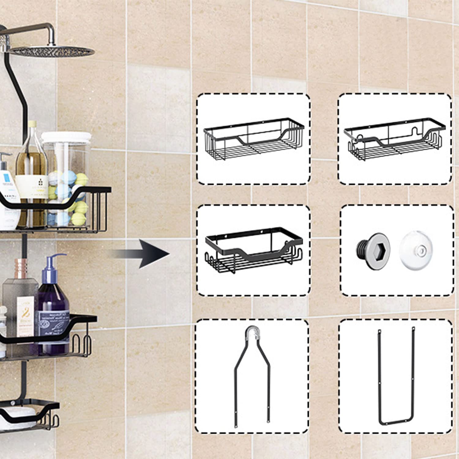 KLEVERISE Shower Caddy Over Shower Head Bathroom Hanging Shower Organizer, Shower Storage Rack Basket with Hooks for Razor and Sponge Rustproof