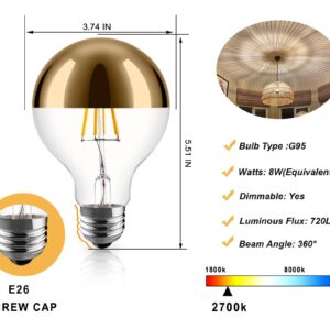 KarlunKoy Large Half Gold Light Bulb,8W (80W Equivalent) Dimmable LED Edison Bulbs,G95/G30 Globe Decorative LED Bulb Half Chrome Reflected Light 2700K Soft White E26 Base Pack of 2