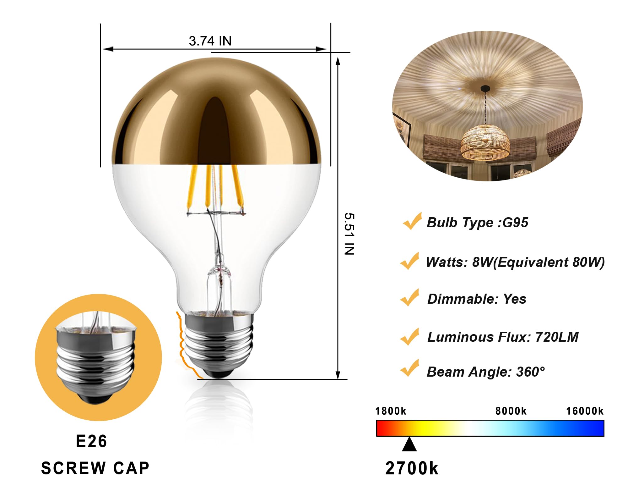 KarlunKoy Large Half Gold Light Bulb,8W (80W Equivalent) Dimmable LED Edison Bulbs,G95/G30 Globe Decorative LED Bulb Half Chrome Reflected Light 2700K Soft White E26 Base Pack of 2