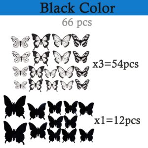 Ewong 3D Butterfly Wall Decor - 66Pcs Black Butterfly Decoration Party Cake Decorations - Removable Waterproof Butterfly Wall Decal Birthday Home Room Decor Bathroom Bedroom Sticker & Murals