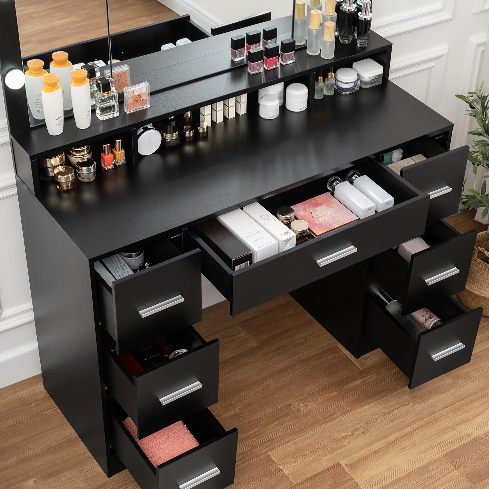 usikey 43.3" Vanity Desk with Large Lighted Mirror, Makeup Vanity Table with 7 Drawers & 10 Lights Bulbs, 3 Lighting Colors, Make Vanity Desk, Vanity Table for Women Girls, Black