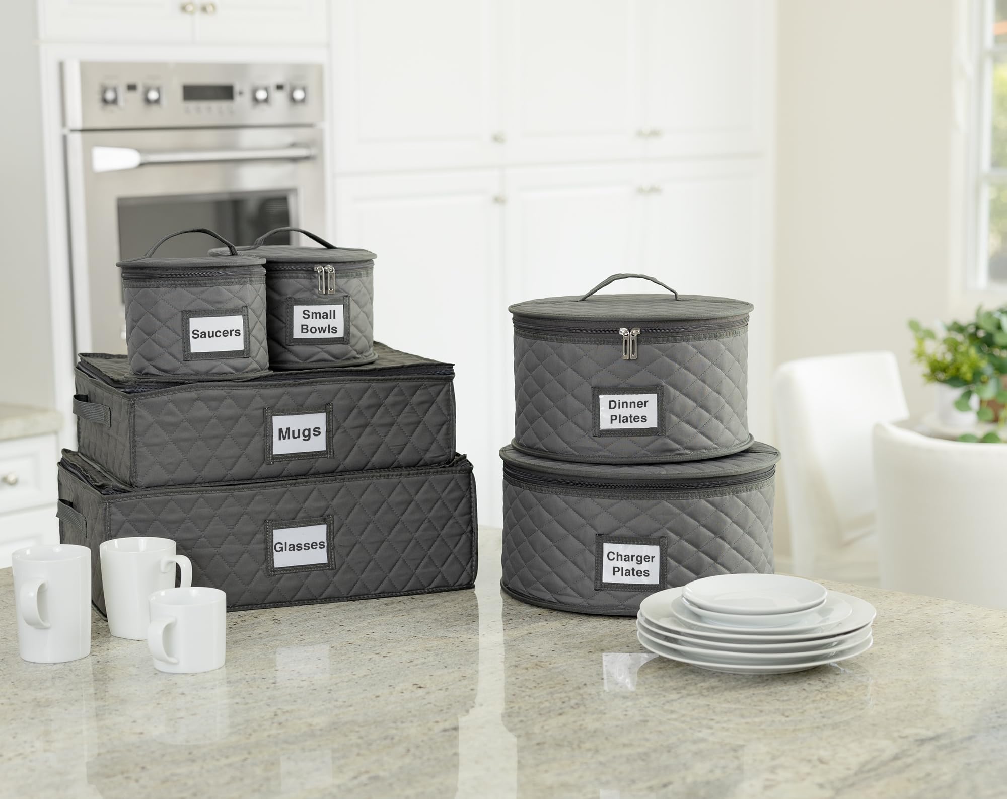 2 Pack 6" Small Plate Storage Case - China Storage Container - Stackable With Padded Interior to Store Dinnerware Dishes - 24 Felt Dividers Included - Gray - Great for Saucers and Small Bowls