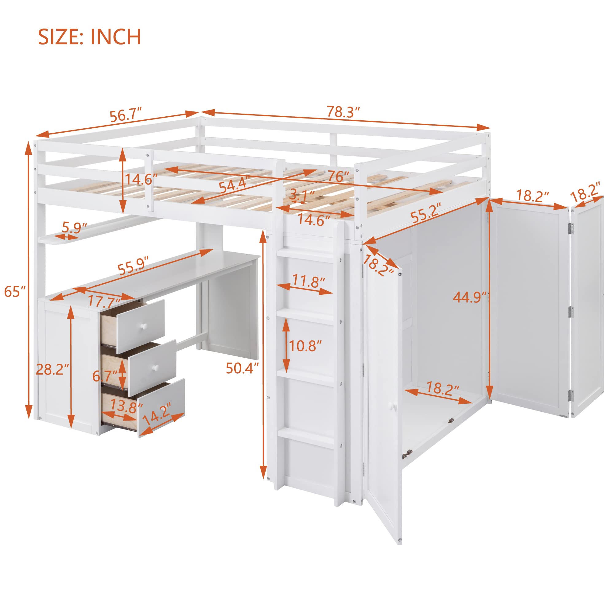 Merax Loft Bed Full Size Adult, Wooden Frame with Desk and Wardrobe, Storage Design with Drawers & Shelf, for Teen Girls & Boys(White)