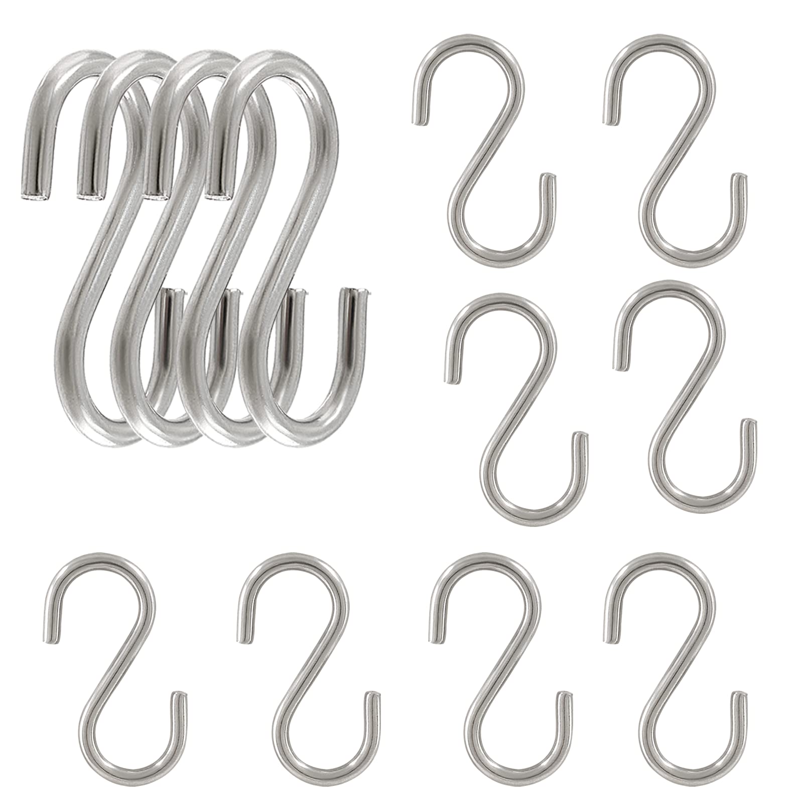 HARSKIYER 12pcs 304 Stainless Steel S Hooks, 0.12'' / 3mm Metal S Shaped Hooks Heavy Duty Hangers Hanging Hooks for Hanging Pots Plants Cups Clothes Keys Caps