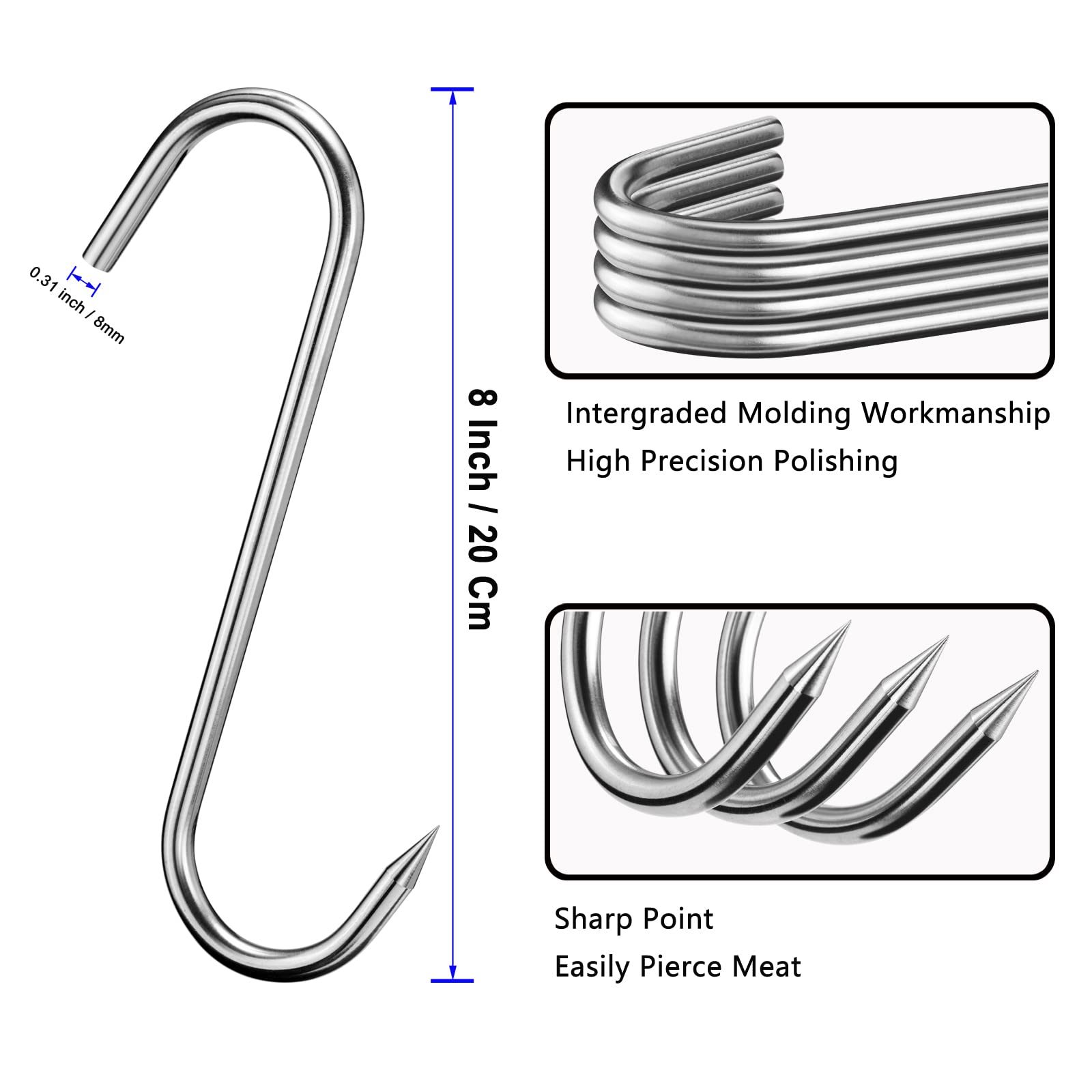 8 Inch Meat Hooks 5PCS, Butcher Hooks Stainless Steel (10MM Diameter), Meat Processing Hooks, S-Shaped Hook for Hanging Bacon, Hunting Smoking Ribs, Drying, Grillling BBQ For Kitchen, Slaughterhouse