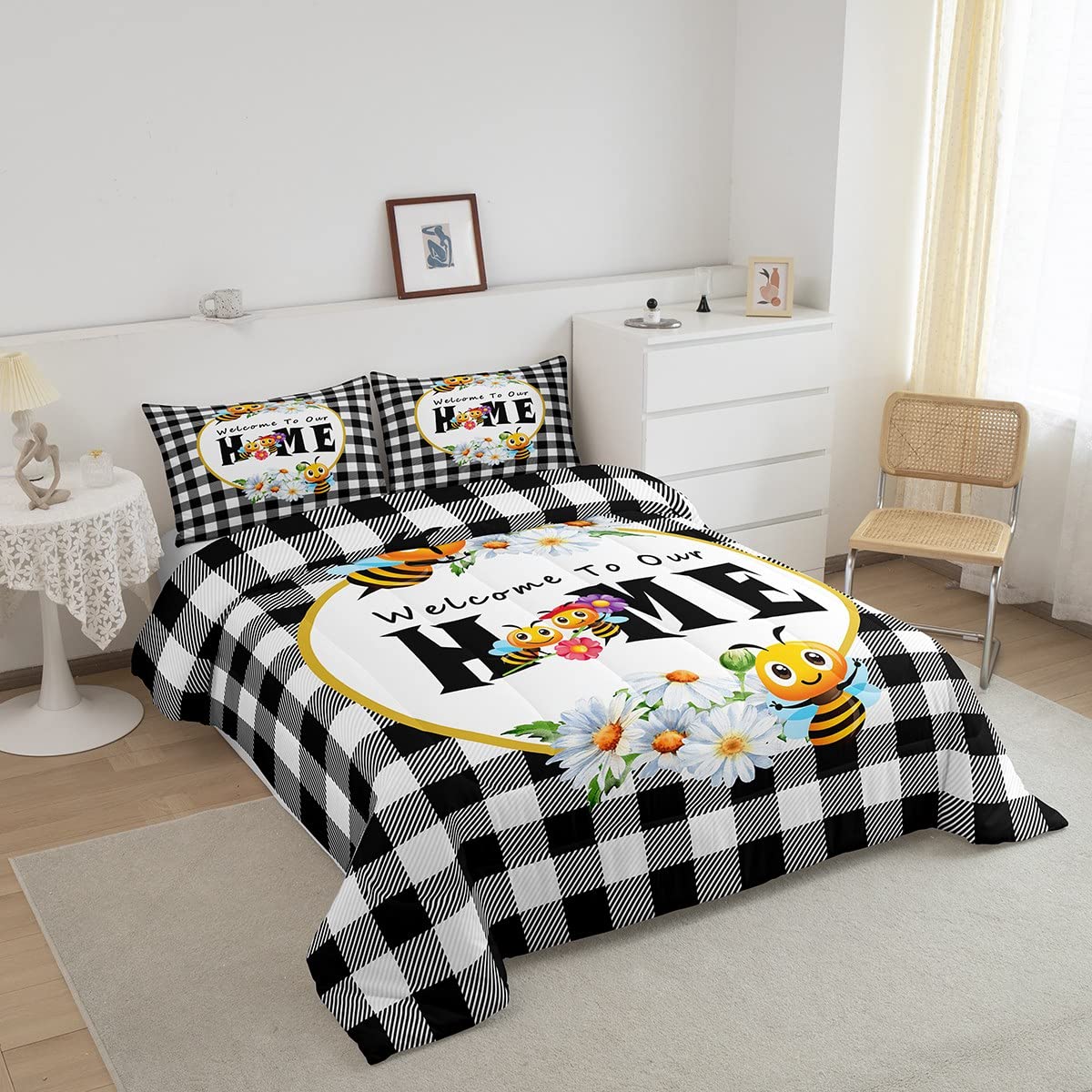 jejeloiu Cartoon Bee Comforter Set Twin Size Beehive Honeycomb Comforter Set for Boys Girls Children Black White Buffalo Check Bedding Set Room Decor Farmhouse Animals Duvet Set 2Pcs