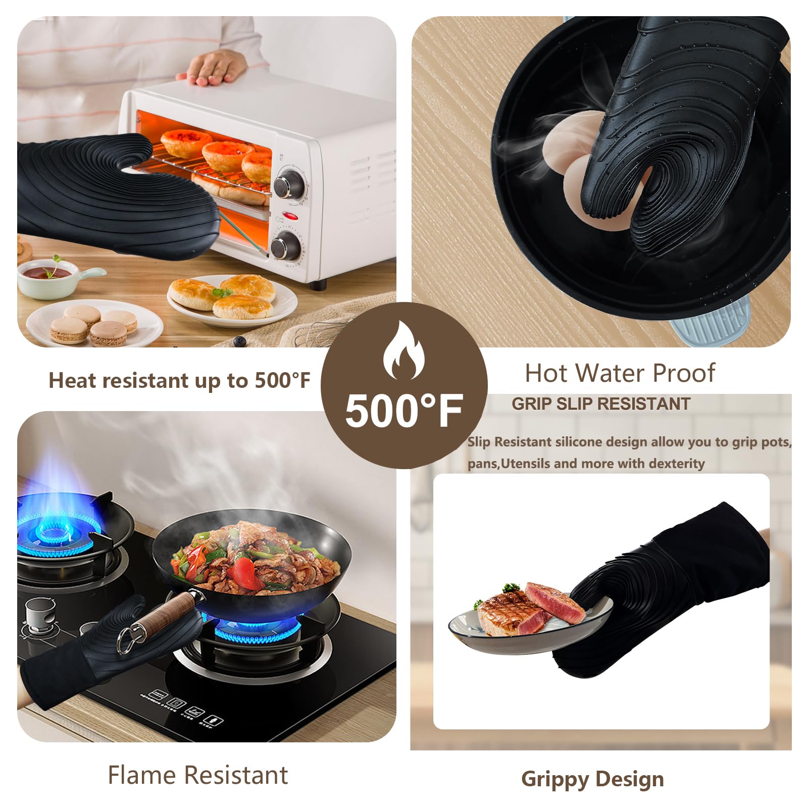 Silicone Oven Mitts-13.6 in Extended Oven Mitts Heat Resistant 500F, Oven Gloves with Soft Liner Good Grippy BPA-Free Easy to Clean Flexible-Oven Mits Set for Cooking Baking Grilling BBQ-Black