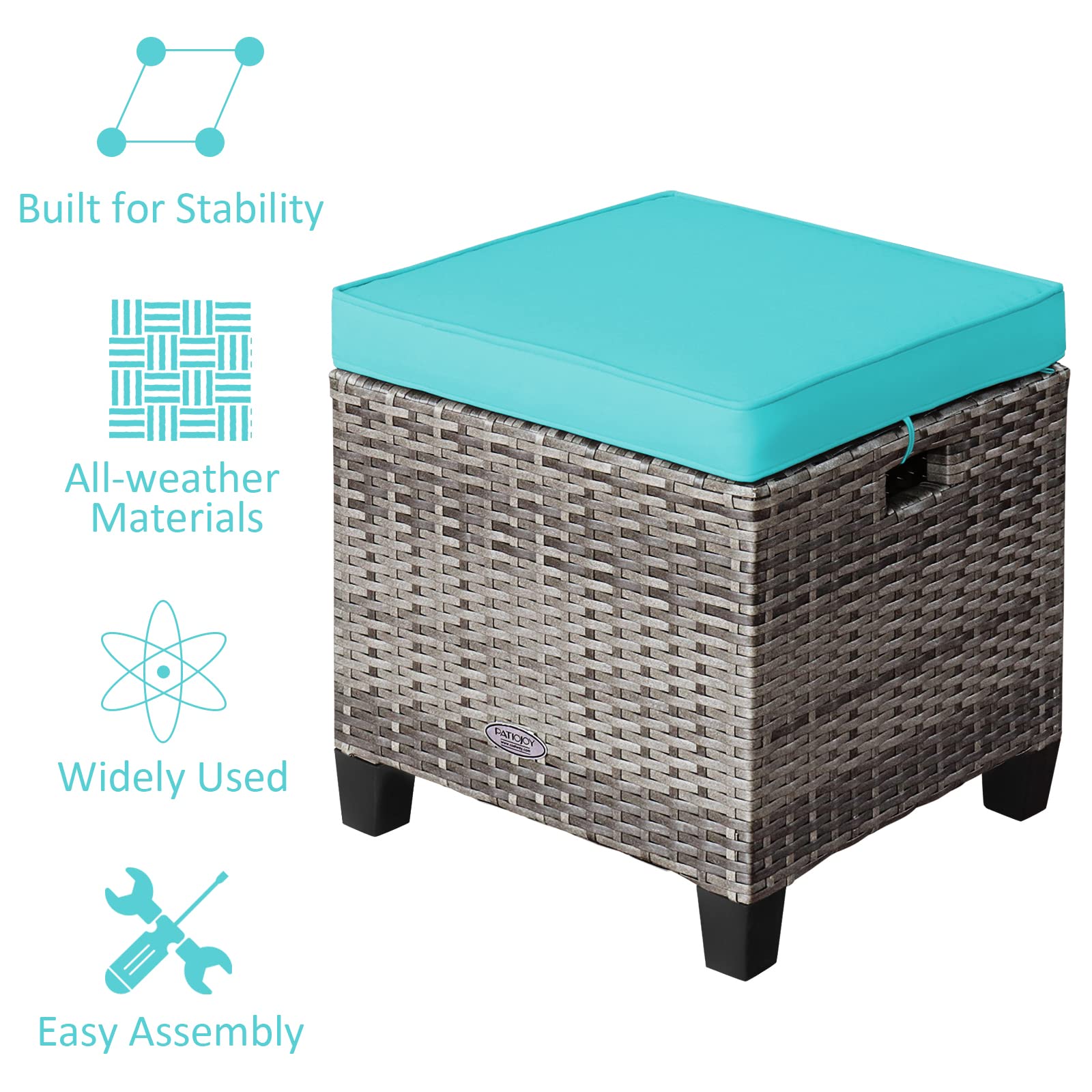 ORALNER Set of 2 Outdoor Ottoman, 16” Wicker Foot Stools, All-Weather Rattan Cube Footstool w/Removable Cushions, Square Footrest Extra Seating for Patio, Porch, Deck, Easy Assembly (Turquoise)