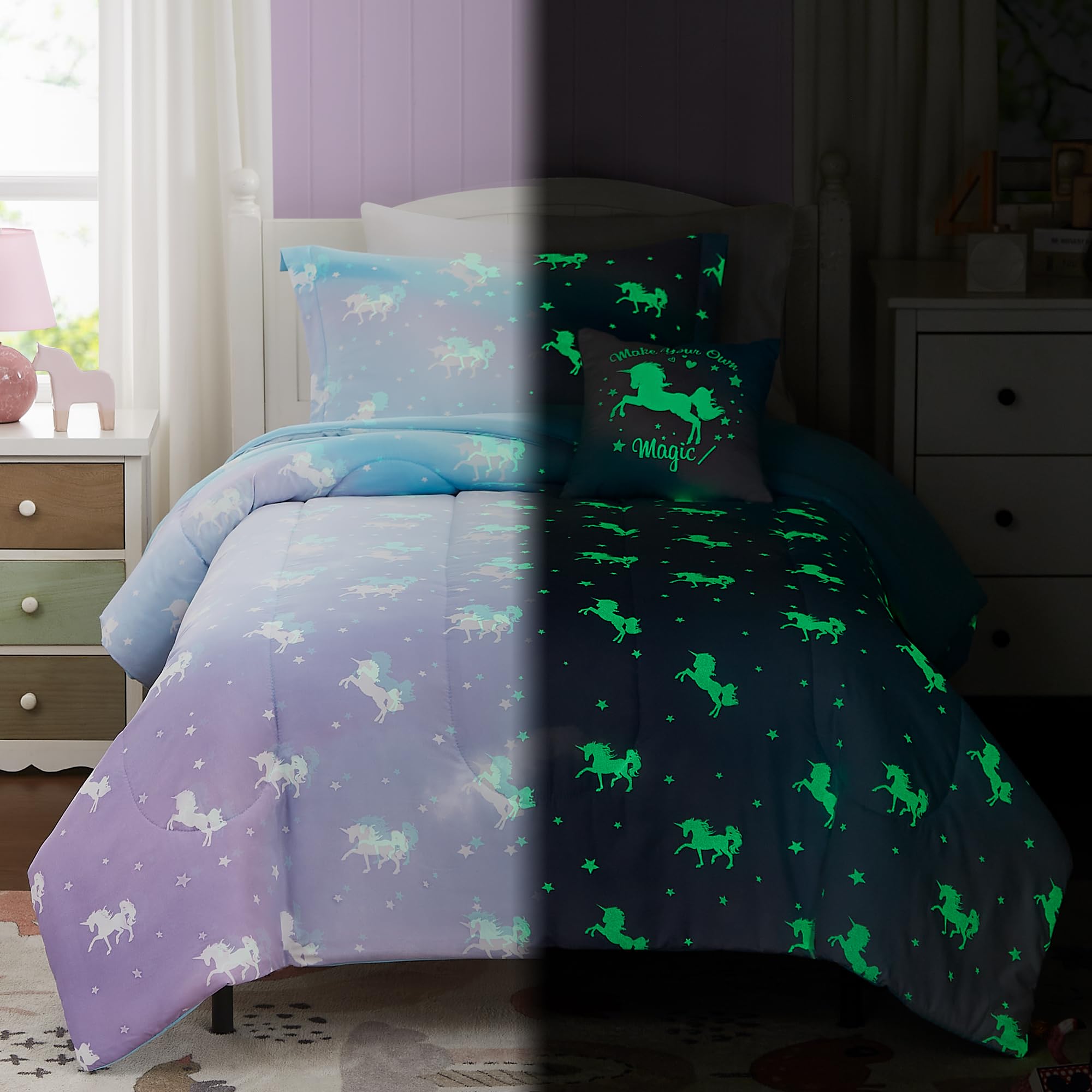 Kaleido Space KALEIDOSPACE Kids Twin Comforter Sets for Girls, Glow in The Dark Unicorn Bedding Sets -3 Pieces Lightweight Bed in A Bag