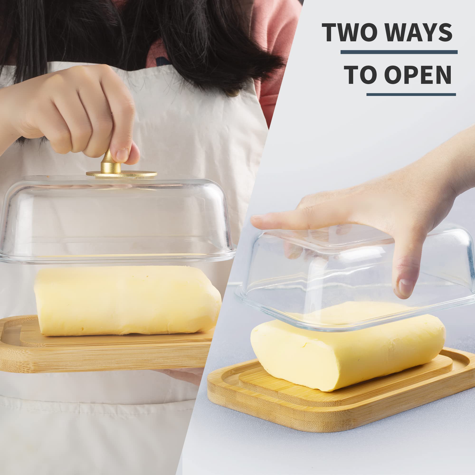 BTWD Glass Butter Dish with Lid for Countertop and Refrigerator, Extra Large Butter Keeper Container Storage with Handle for Fridge, Butter Holder for Counter, Butter Tray Clear Covered Butter Dishes