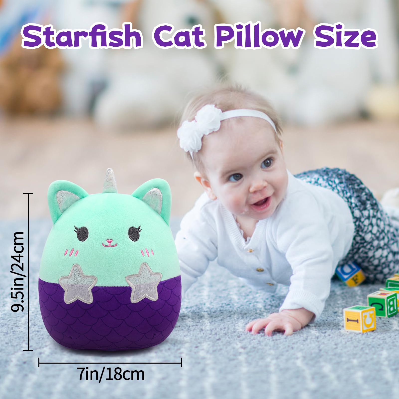 Mowatusy Cat Stuffed Animals Plush Toys, Kawaii Mermaid Plush Cat Pillow, Cute Mermaid Cat Plush Doll, Mermaid Plush Toys Purple Cat Pillow Gifts for Kids Girls Boys