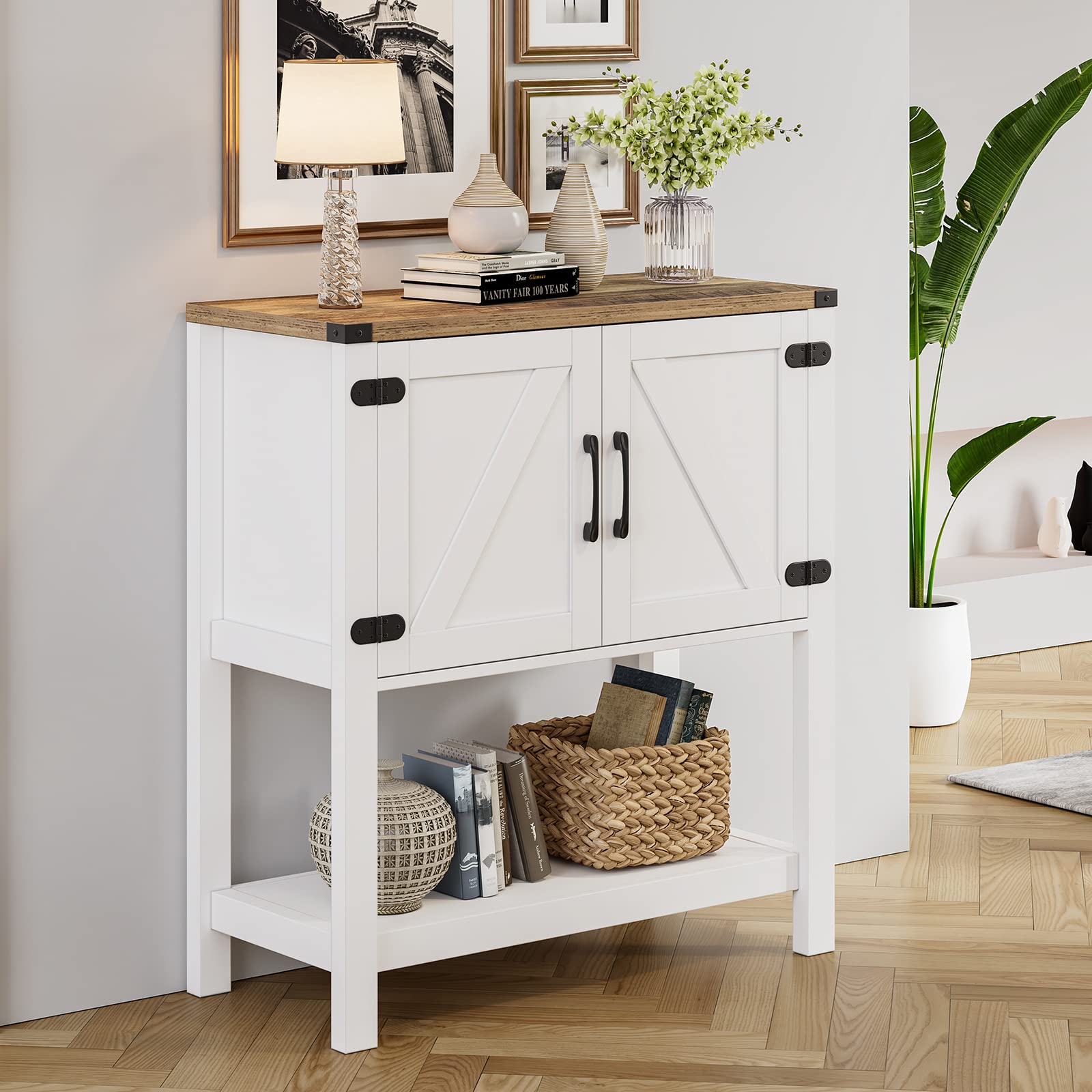 Mufico Console Table Coffee Bar Cabinet Sofa Table,31.5 L x 13.8 D x 34.65 H,Entryway Table with 2 Storage Cabinets, Farmhouse Buffet Sideboard for Kitchen, Foyer,Hallway (White)