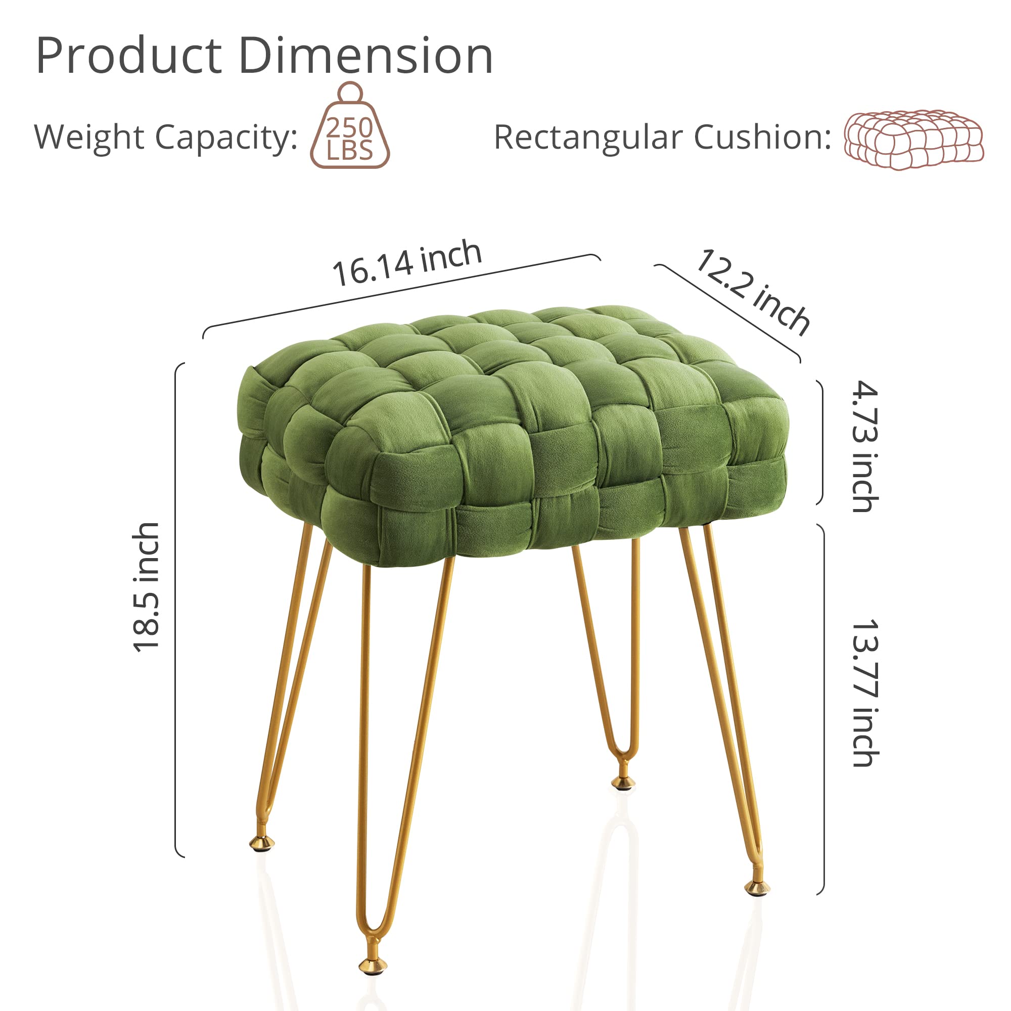 LUE BONA Velvet Vanity Stool, Rectangle Ottoman, Upholstered Make up Foot Stool with Gold Metal Legs and Padded Seat, Modern Footstool for Living Room, Bedroom,Dressing Room, Avocado Green