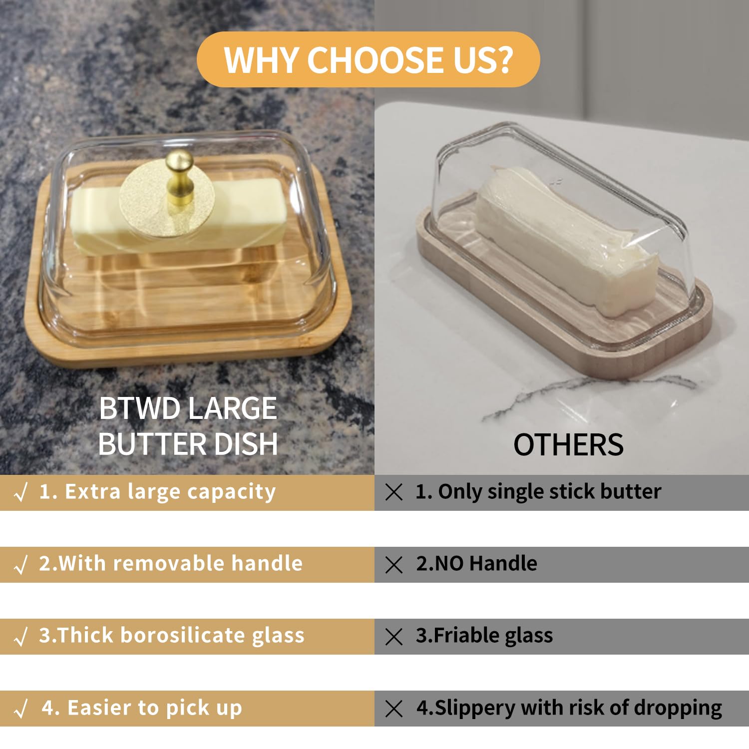 BTWD Glass Butter Dish with Lid for Countertop and Refrigerator, Extra Large Butter Keeper Container Storage with Handle for Fridge, Butter Holder for Counter, Butter Tray Clear Covered Butter Dishes