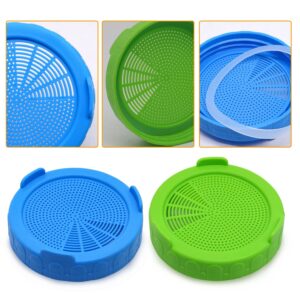 GDFYMI Sprouting Lids for Wide Mouth Mason Jars, Plastic Canning Jar Strainer Lids, Mason Jar Pour Spout Lid, Bean Screen Microgreens Growing Kit Suit for Grow Bean Sprouts (86mm, 3 Green + 3 Blue)