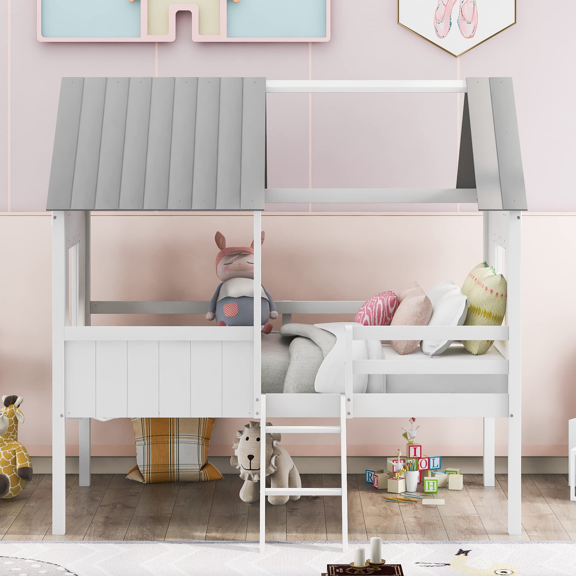 Aiuyesuo Playhouse Design Twin Size Low Loft Bed, Wood House Bed Frame with Two Side Windows,Roof and Full-Length Guardrail for Kids Teens Bedroom, Easy Assembly (White+Gray)