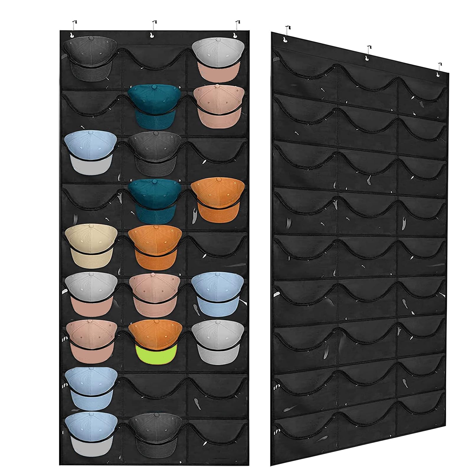 Mosghuiy Hat Rack for Baseball Caps: Hat Organizer Storage with 27 Deep Pockets - Hat Racks for Baseball Caps Hanging Over The Door Closet with 3 Hooks, Hat Hanger Organizers and Storage Holder, Black