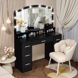 usikey 43.3" Vanity Desk with Large Lighted Mirror, Makeup Vanity Table with 7 Drawers & 10 Lights Bulbs, 3 Lighting Colors, Make Vanity Desk, Vanity Table for Women Girls, Black