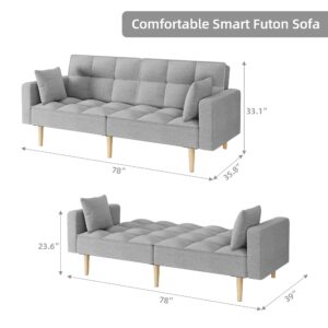 Assile 78" W Futon Couch Sofa with Heavy Duty Foundation and Thicken Wood Leg - Easy Assembly and Stylish Sofa Bed for Living Room and Bedroom in Light Grey