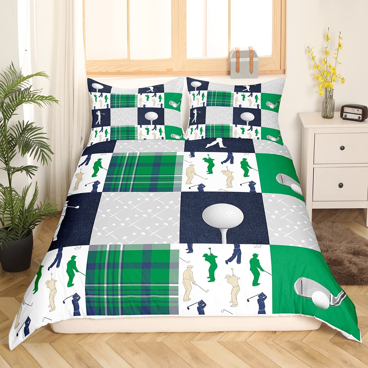 Castle Fairy Golf Plaid Bedding Set King Size for Woman Men,Green Buffalo Grid Geometric Comforter Cover with 2 Pillowcases,Ball Sports Lover Style Duvet Cover Set Microfiber Quilt Cover