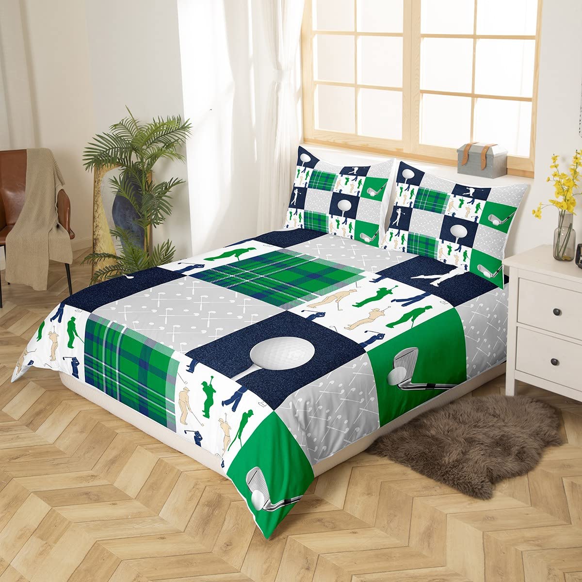 Castle Fairy Golf Plaid Bedding Set King Size for Woman Men,Green Buffalo Grid Geometric Comforter Cover with 2 Pillowcases,Ball Sports Lover Style Duvet Cover Set Microfiber Quilt Cover