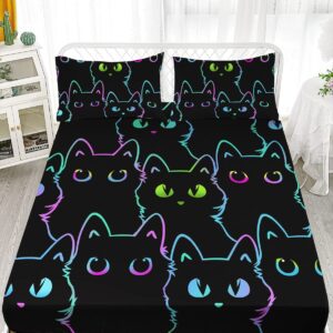 Axolotl Kids Bedding Cartoon Cat Sheet Set Twin Size,Gradient Line Cute Cat Bedding Set,4Pcs Kawaii Cat Bed Sets with 1 Fitted Sheet 1 Flat Sheet 2 Pillowcases for Kids Boys Girls Adults Teens,Black