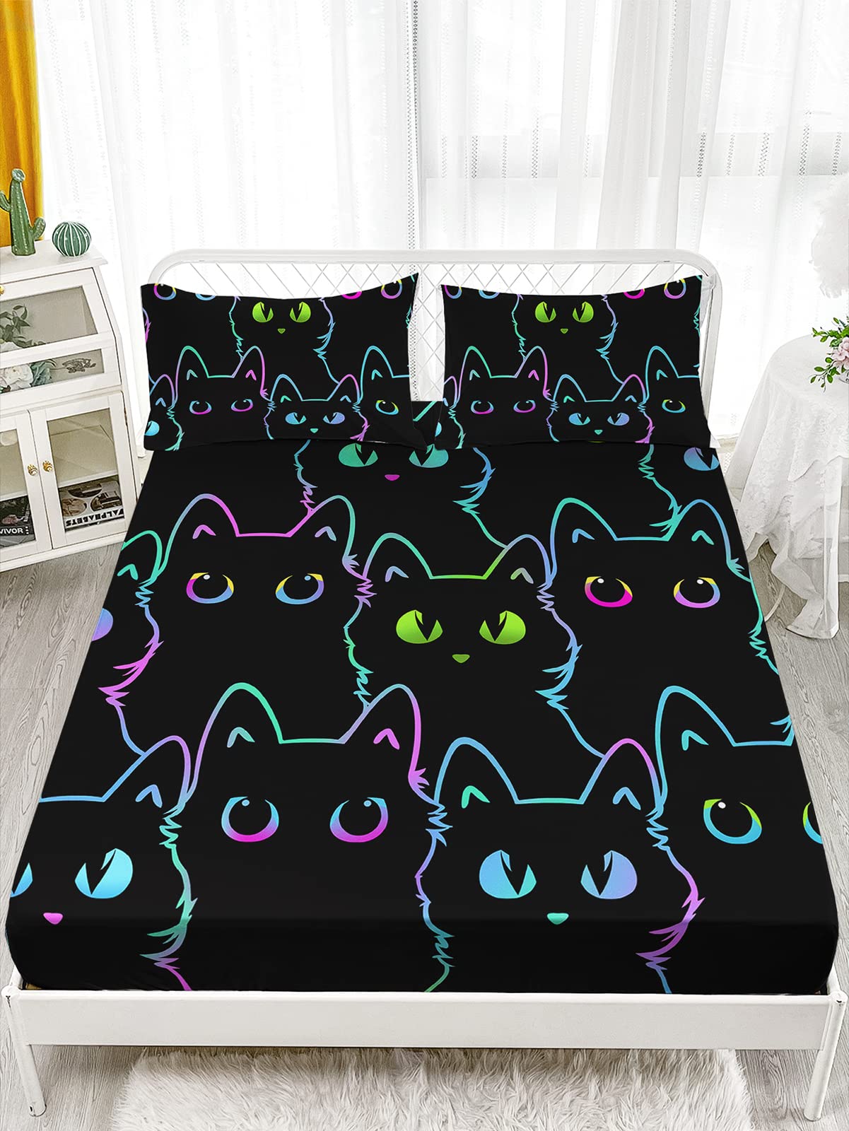 Axolotl Kids Bedding Cartoon Cat Sheet Set Twin Size,Gradient Line Cute Cat Bedding Set,4Pcs Kawaii Cat Bed Sets with 1 Fitted Sheet 1 Flat Sheet 2 Pillowcases for Kids Boys Girls Adults Teens,Black