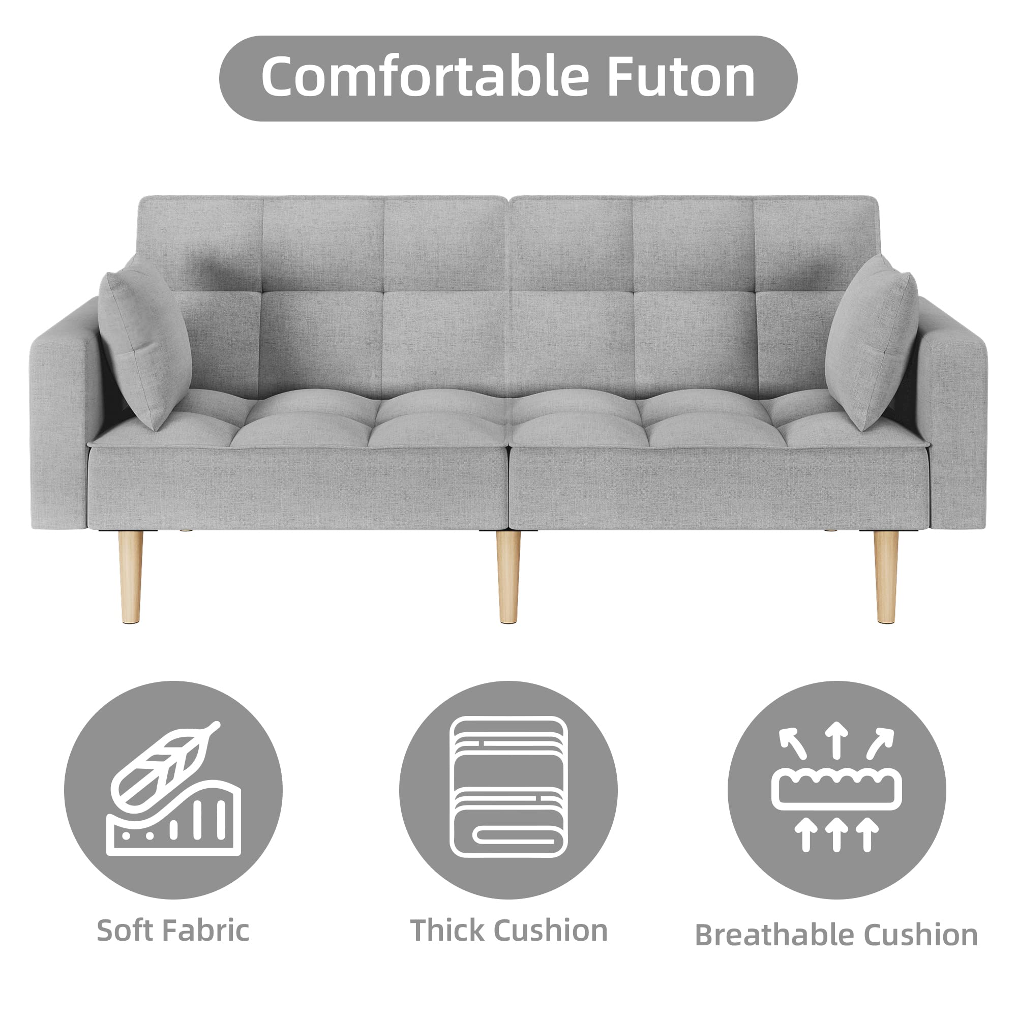 Assile 78" W Futon Couch Sofa with Heavy Duty Foundation and Thicken Wood Leg - Easy Assembly and Stylish Sofa Bed for Living Room and Bedroom in Light Grey