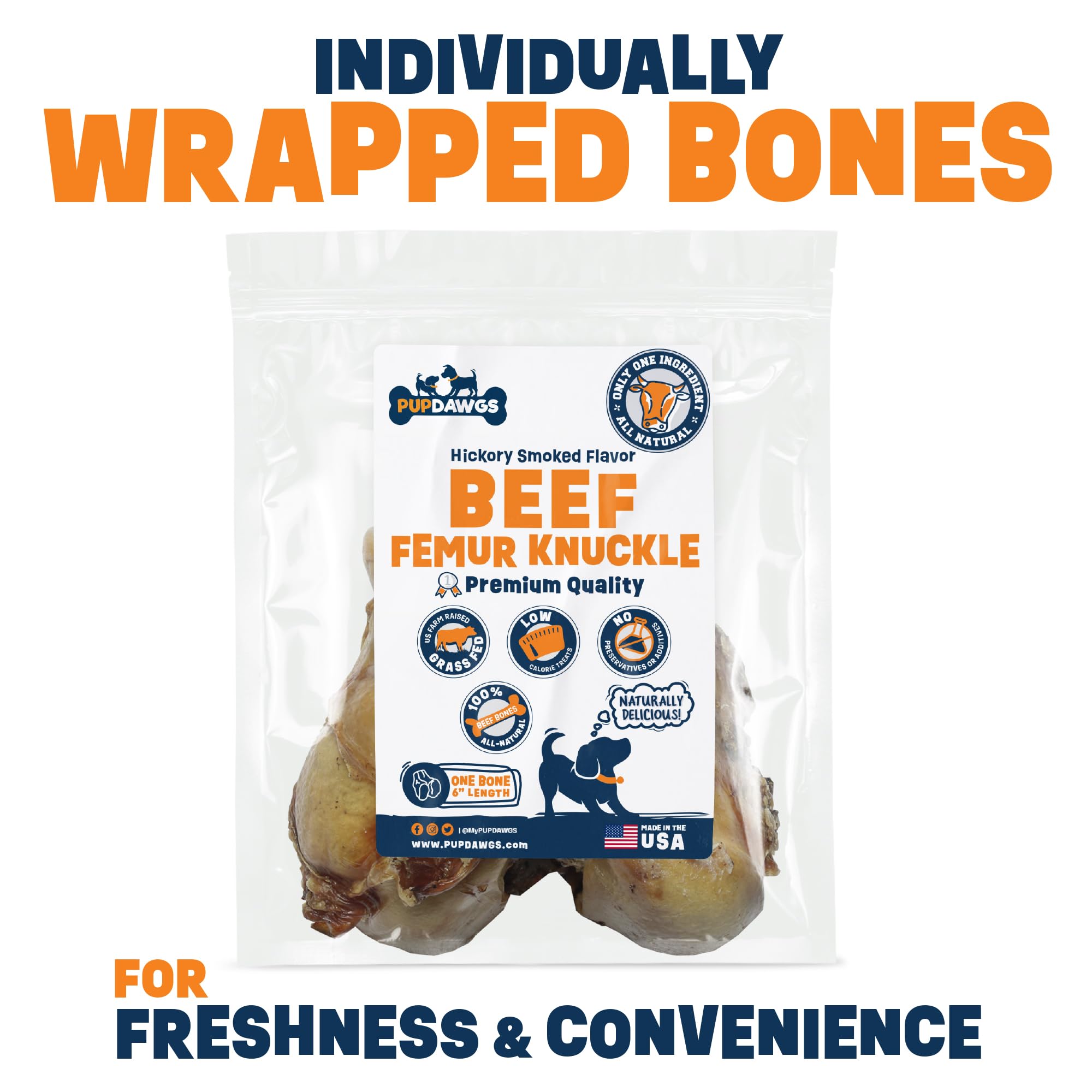 PUPDAWGS Dog-Bones-for-Aggressive-Chewers | 6" Hickory Smoked Flavor Femur Knuckle | Dog-Bones-for-Large-Dog | All Natural Dog Bone Treats Made in The USA (Single Bone)