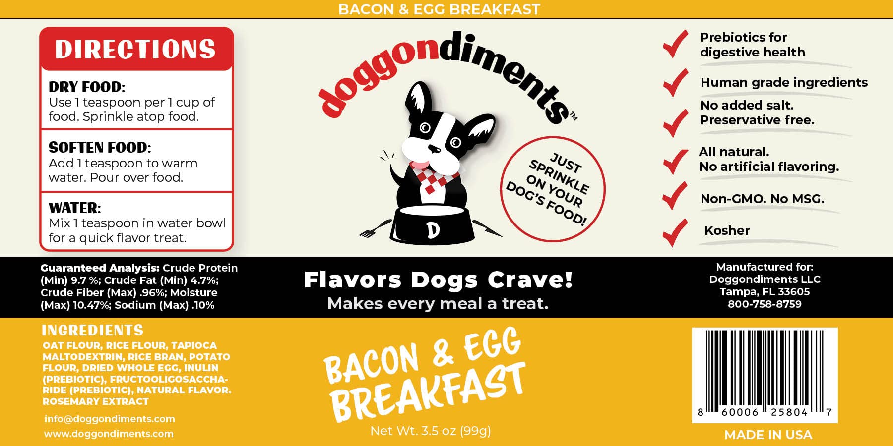 Doggondiments Bacon & Egg Breakfast Dog Food Topper, Fun People Food Flavors, Powder, Small & Large Breeds, Made in USA