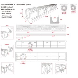 Natotela Deep Profile HDPE Trench Drain-39.4Lx6.1Wx5.5H in. Channel Drain with Grates,6 Pack Total Length 236.22 in, Plastic Trench Drain System for Outdoor,Downspout,Yard Fence,Pool,Sidewalk,Patio