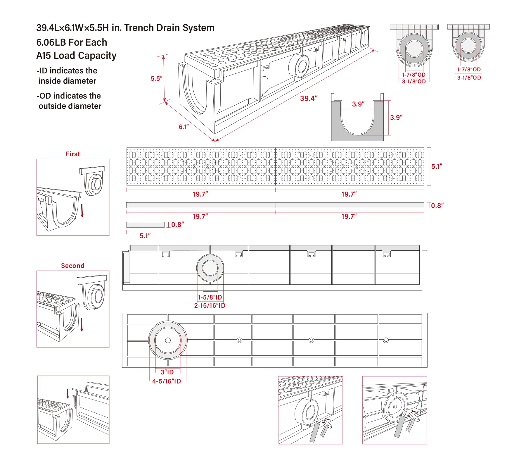 Natotela Deep Profile HDPE Trench Drain-39.4Lx6.1Wx5.5H in. Channel Drain with Grates,6 Pack Total Length 236.22 in, Plastic Trench Drain System for Outdoor,Downspout,Yard Fence,Pool,Sidewalk,Patio