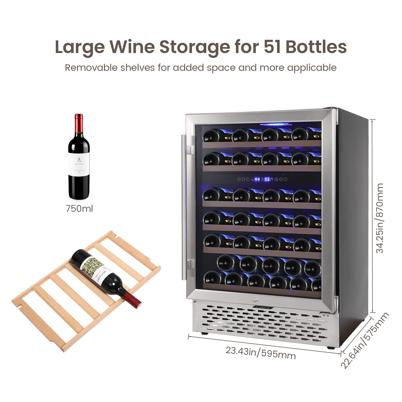 Wine Cooler Refrigerator 51 Bottles Compressor Dual Zone Built-in or Freestanding Fridge with Seamless Stainless Steel & Triple-Layer Tempered Reversible Glass Door and Temperature Memory Function