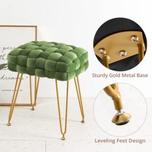 LUE BONA Velvet Vanity Stool, Rectangle Ottoman, Upholstered Make up Foot Stool with Gold Metal Legs and Padded Seat, Modern Footstool for Living Room, Bedroom,Dressing Room, Avocado Green