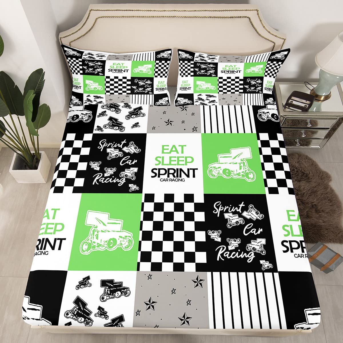 Eat Sleep Sprint Fitted Sheet Twin Size Race Car Green White Bedding Set Set for Kids Teens Adults Speed Sports Car Bed Sheet Set Extreme Sports Bed Cover Room Decor 2Pcs with 1 Pillow Case