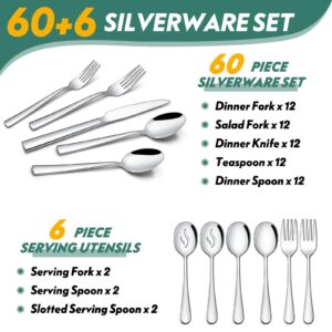 66 Pieces Silverware Flatware Set with Serving Utensils, Stainless Steel Square Cutlery Set for 12, Tableware Cutlery Set Include Knife Fork Spoon Set, Mirror Polished, Dishwasher Safe