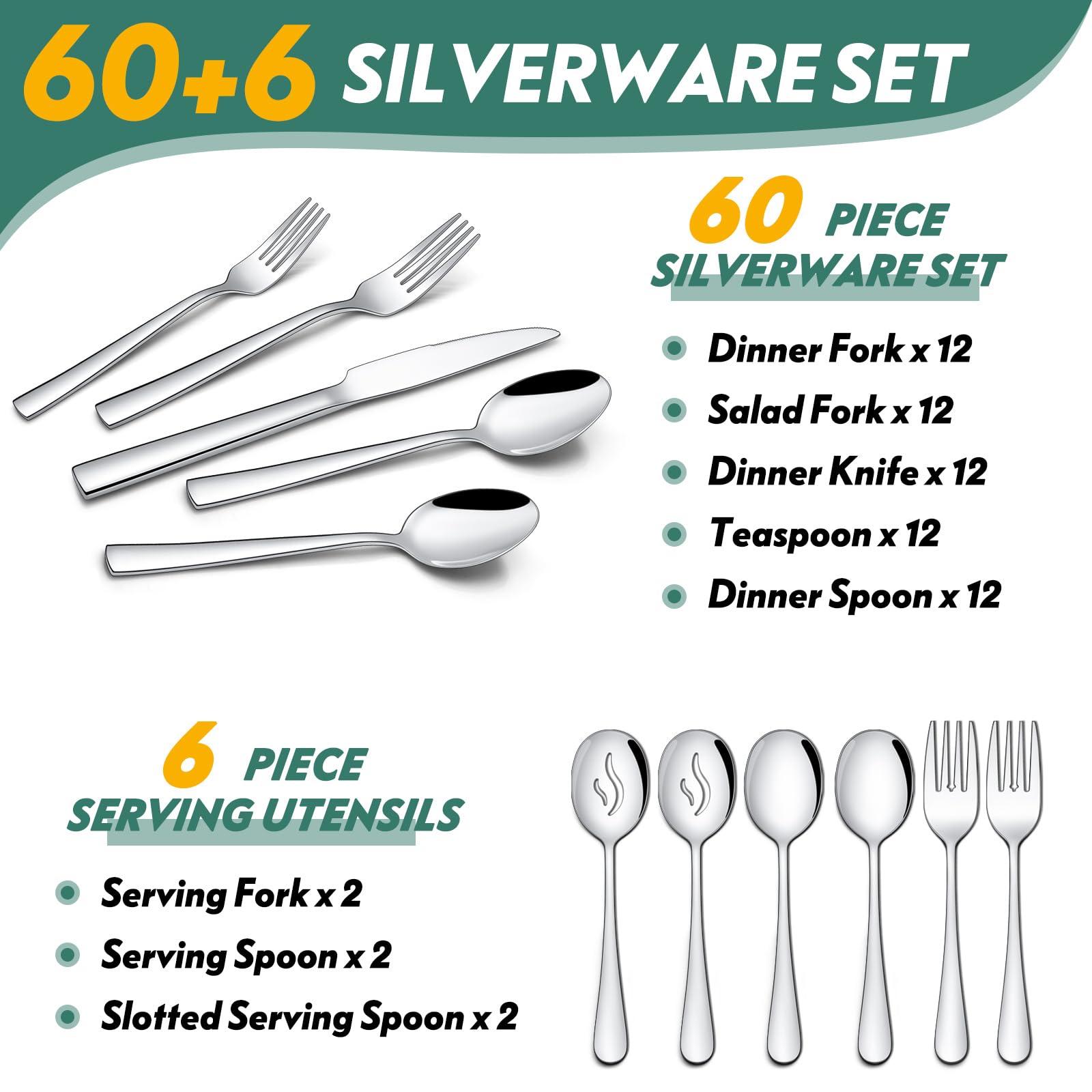 66 Pieces Silverware Flatware Set with Serving Utensils, Stainless Steel Square Cutlery Set for 12, Tableware Cutlery Set Include Knife Fork Spoon Set, Mirror Polished, Dishwasher Safe