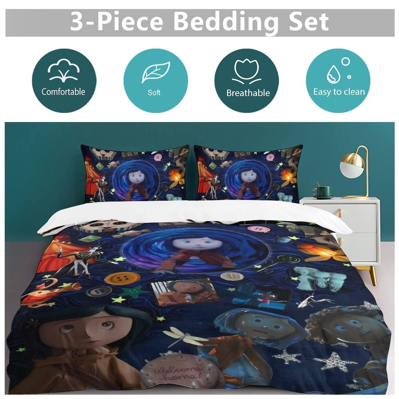 Cora_line Funny Bedding Set 3-Piece 86"x70" Cartoon Room Decor with 1 Duvet Cover and 2 Pillowcase All Season