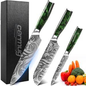 chef knife set for kitchen, 3pcs german carbon stainless steel kitchen knife, professional chefs knife set ultra sharp chef knife for home, restaurant (green handle)