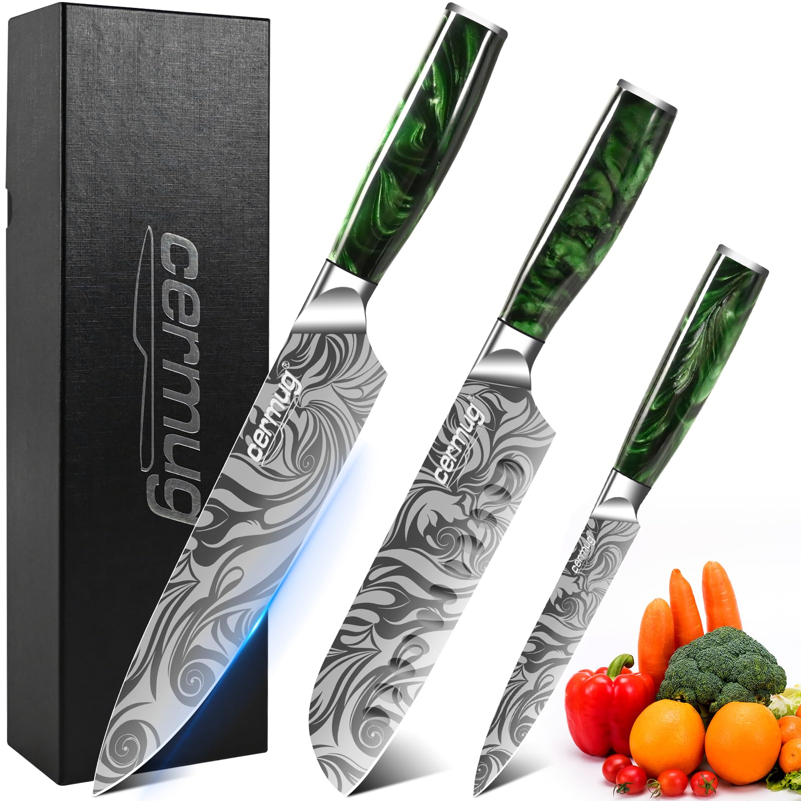 Chef Knife Set for Kitchen, 3Pcs German Carbon Stainless Steel Kitchen Knife, Professional Chefs Knife Set Ultra Sharp Chef Knife for Home, Restaurant (Green Handle)