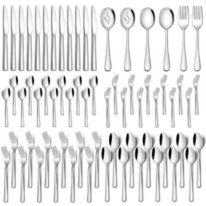 66 pieces silverware flatware set with serving utensils, stainless steel square cutlery set for 12, tableware cutlery set include knife fork spoon set, mirror polished, dishwasher safe