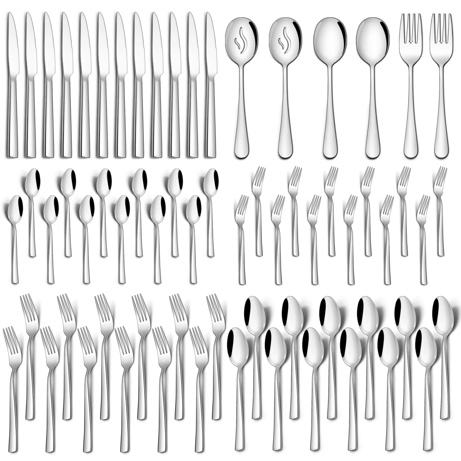 66 Pieces Silverware Flatware Set with Serving Utensils, Stainless Steel Square Cutlery Set for 12, Tableware Cutlery Set Include Knife Fork Spoon Set, Mirror Polished, Dishwasher Safe