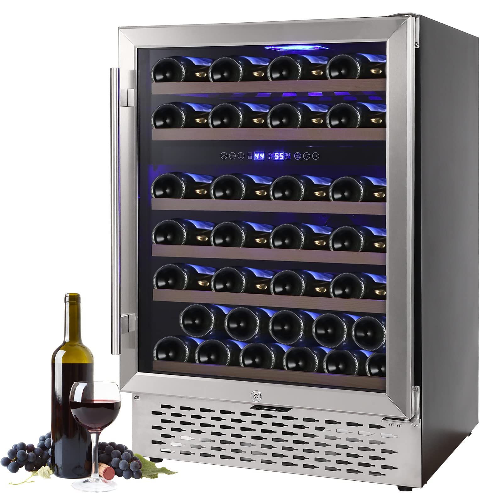 Wine Cooler Refrigerator 51 Bottles Compressor Dual Zone Built-in or Freestanding Fridge with Seamless Stainless Steel & Triple-Layer Tempered Reversible Glass Door and Temperature Memory Function